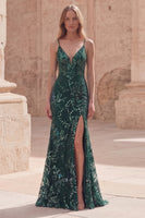 Load image into Gallery viewer, Mermaid Long Sparkly Sequin Dark Green Prom Dress with Slit