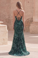 Load image into Gallery viewer, Mermaid Long Sparkly Sequin Dark Green Prom Dress with Slit