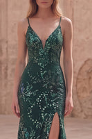 Load image into Gallery viewer, Mermaid Long Sparkly Sequin Dark Green Prom Dress with Slit