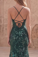 Load image into Gallery viewer, Mermaid Long Sparkly Sequin Dark Green Prom Dress with Slit