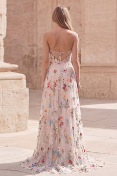 Ivory Flower A Line Strapless Ruched Long Prom Dress with Slit