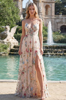 Load image into Gallery viewer, Spaghetti Straps Ivory Flower Ruched A Line Long Prom Dress with Slit