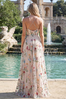 Load image into Gallery viewer, Spaghetti Straps Ivory Flower Ruched A Line Long Prom Dress with Slit