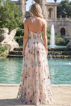 Spaghetti Straps Ivory Flower Ruched A Line Long Prom Dress with Slit