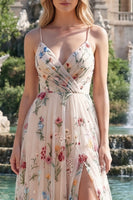 Load image into Gallery viewer, Spaghetti Straps Ivory Flower Ruched A Line Long Prom Dress with Slit