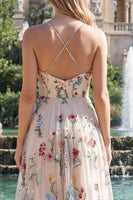 Load image into Gallery viewer, Spaghetti Straps Ivory Flower Ruched A Line Long Prom Dress with Slit