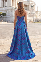 Load image into Gallery viewer, Blue A Line Long Strapless Polka Dots Prom Dress with Bow
