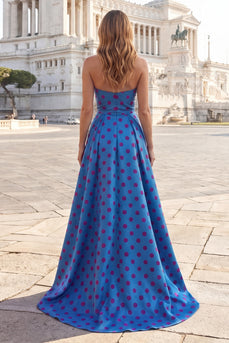 Blue A Line Long Strapless Polka Dots Prom Dress with Bow