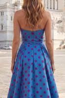 Load image into Gallery viewer, Blue A Line Long Strapless Polka Dots Prom Dress with Bow