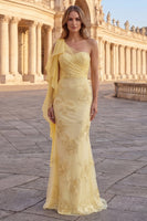 Load image into Gallery viewer, Yellow Appliqued Mermaid Long Prom Dress with Side Cape