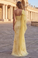 Load image into Gallery viewer, Yellow Appliqued Mermaid Long Prom Dress with Side Cape