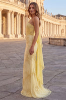 Load image into Gallery viewer, Yellow Appliqued Mermaid Long Prom Dress with Side Cape