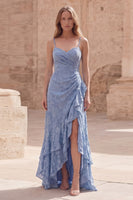 Load image into Gallery viewer, Dusty Blue Spaghetti Straps Long Sheath Prom Dress with Ruffles