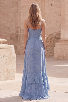 Dusty Blue Spaghetti Straps Long Sheath Prom Dress with Ruffles