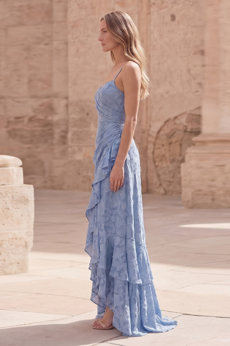 Load image into Gallery viewer, Dusty Blue Spaghetti Straps Long Sheath Prom Dress with Ruffles