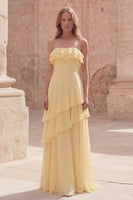 Load image into Gallery viewer, Yellow Strapless A Line Long Prom Dress with Ruffles