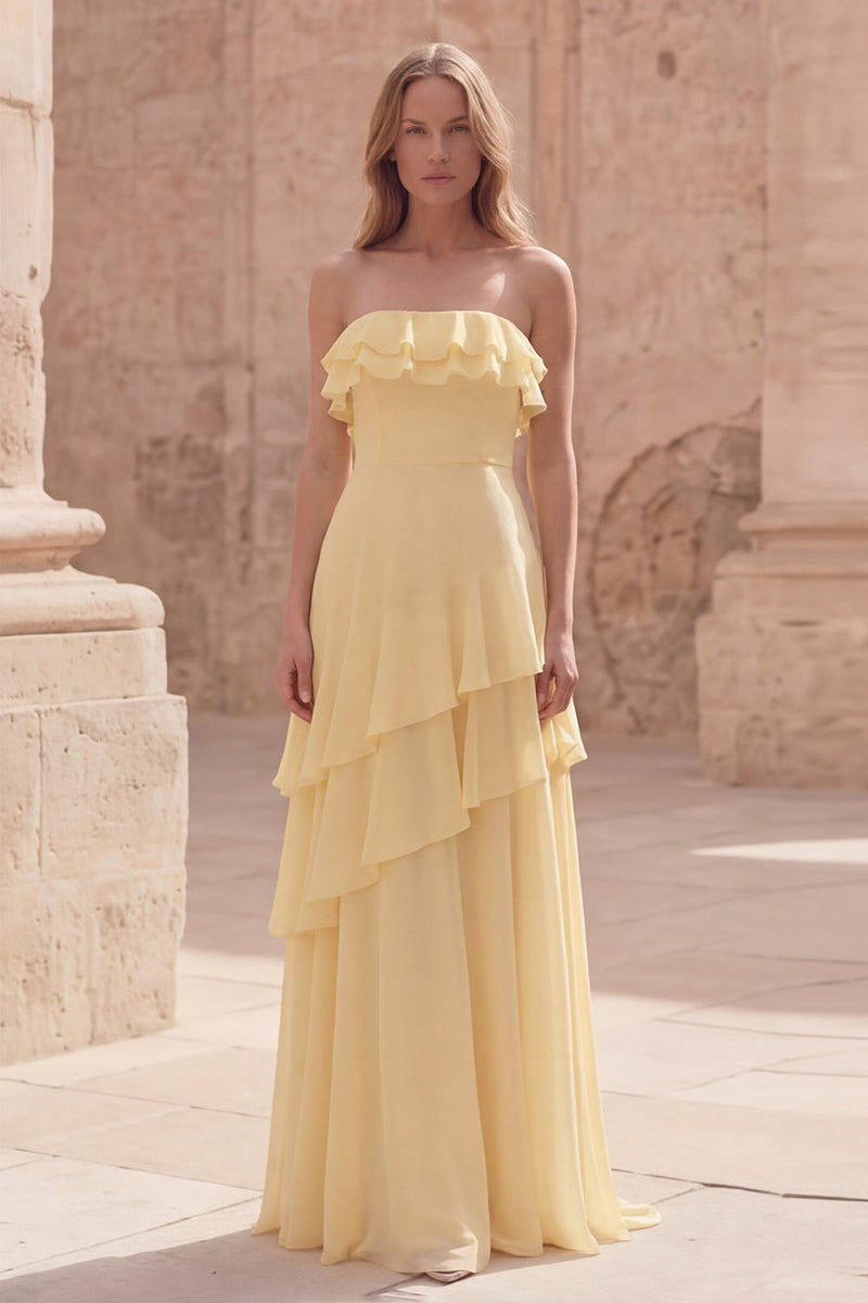 Load image into Gallery viewer, Yellow Strapless A Line Long Prom Dress with Ruffles