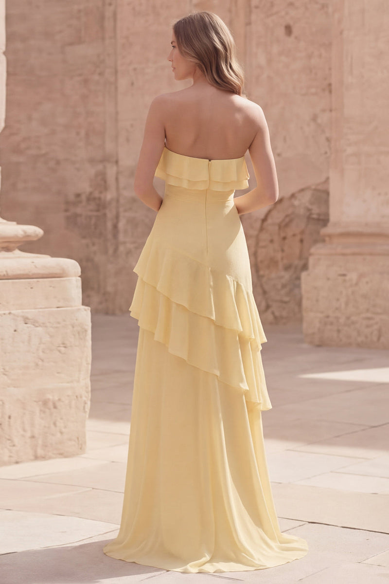 Load image into Gallery viewer, Yellow Strapless A Line Long Prom Dress with Ruffles
