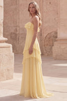 Load image into Gallery viewer, Yellow Strapless A Line Long Prom Dress with Ruffles