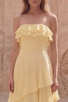 Load image into Gallery viewer, Yellow Strapless A Line Long Prom Dress with Ruffles