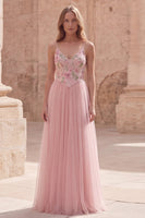 Load image into Gallery viewer, Pink Floral Spaghetti Straps A Line Long Prom Dress