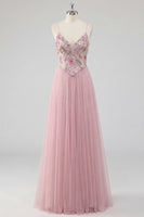 Load image into Gallery viewer, Pink Floral Spaghetti Straps A Line Long Prom Dress