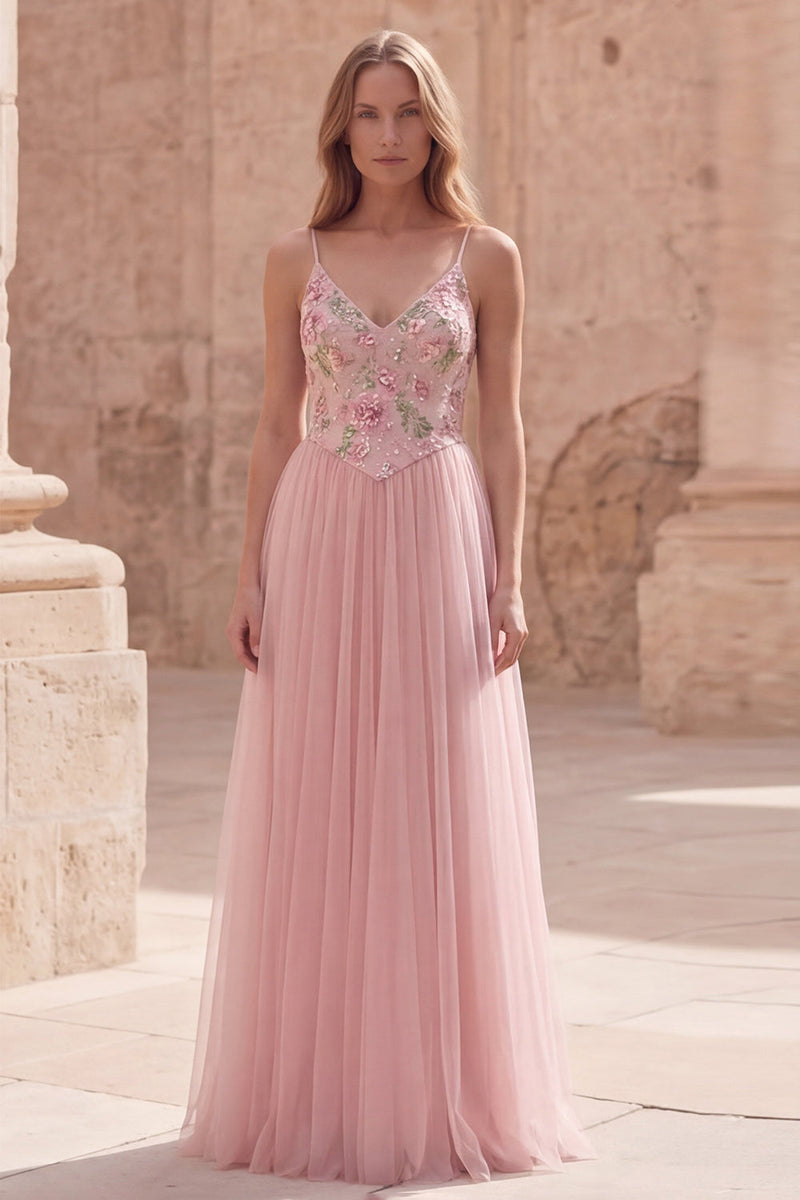 Load image into Gallery viewer, Pink Floral Spaghetti Straps A Line Long Prom Dress