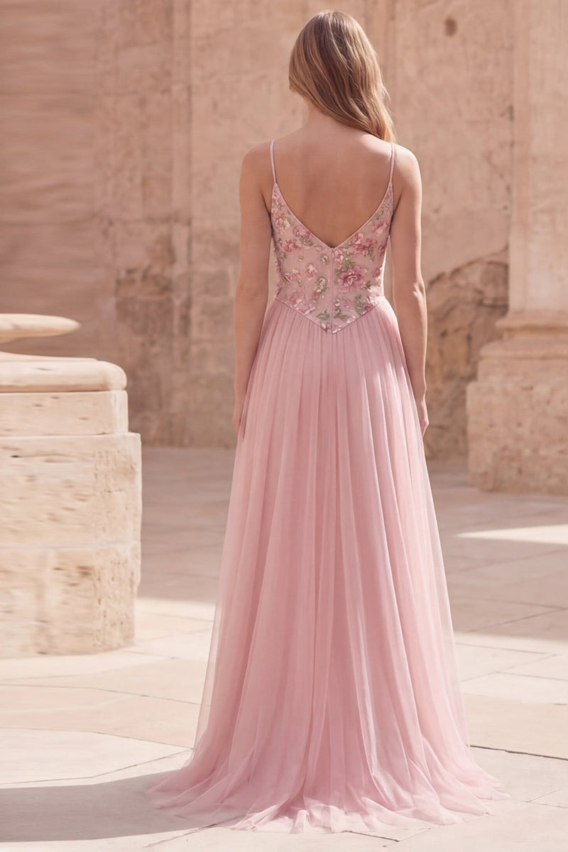 Load image into Gallery viewer, Pink Floral Spaghetti Straps A Line Long Prom Dress