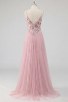 Load image into Gallery viewer, Pink Floral Spaghetti Straps A Line Long Prom Dress