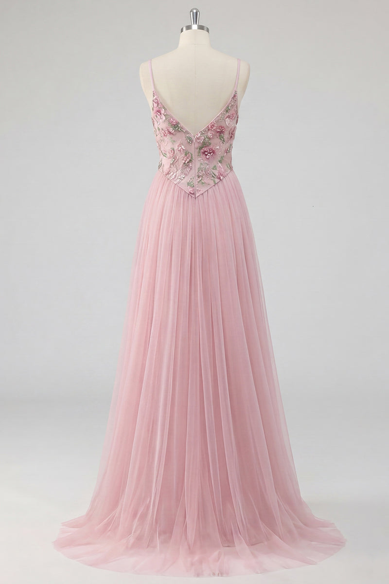 Load image into Gallery viewer, Pink Floral Spaghetti Straps A Line Long Prom Dress