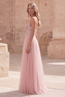 Load image into Gallery viewer, Pink Floral Spaghetti Straps A Line Long Prom Dress