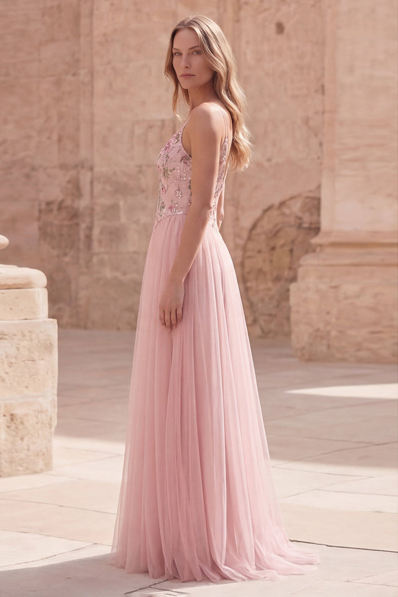 Load image into Gallery viewer, Pink Floral Spaghetti Straps A Line Long Prom Dress