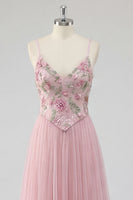 Load image into Gallery viewer, Pink Floral Spaghetti Straps A Line Long Prom Dress