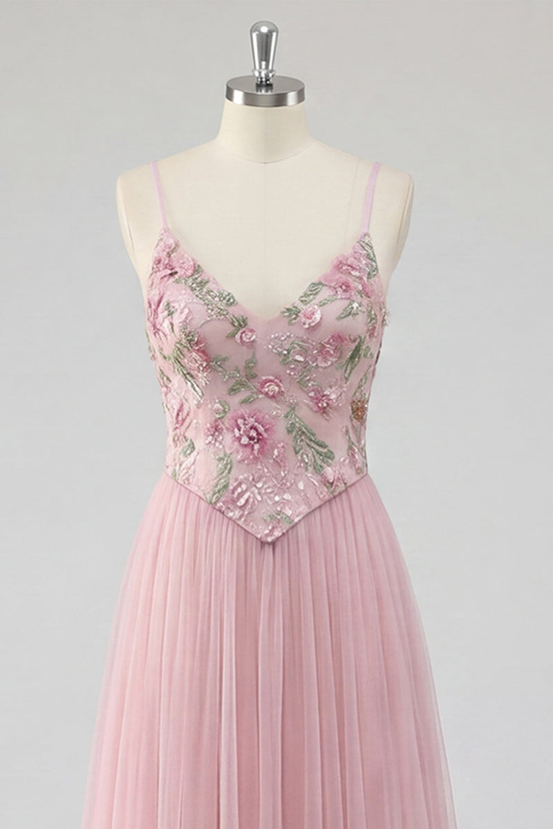 Load image into Gallery viewer, Pink Floral Spaghetti Straps A Line Long Prom Dress
