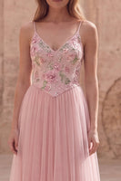 Load image into Gallery viewer, Pink Floral Spaghetti Straps A Line Long Prom Dress