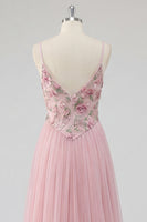 Load image into Gallery viewer, Pink Floral Spaghetti Straps A Line Long Prom Dress