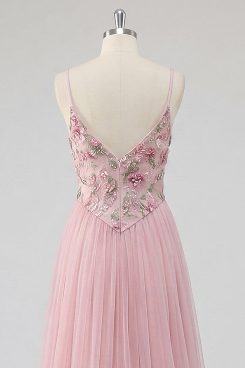 Load image into Gallery viewer, Pink Floral Spaghetti Straps A Line Long Prom Dress