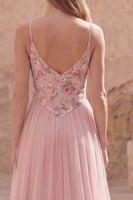 Load image into Gallery viewer, Pink Floral Spaghetti Straps A Line Long Prom Dress