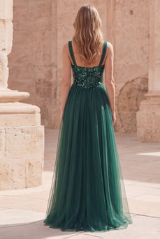 Sparkly A Line Dark Green Long Prom Dress with Sequin