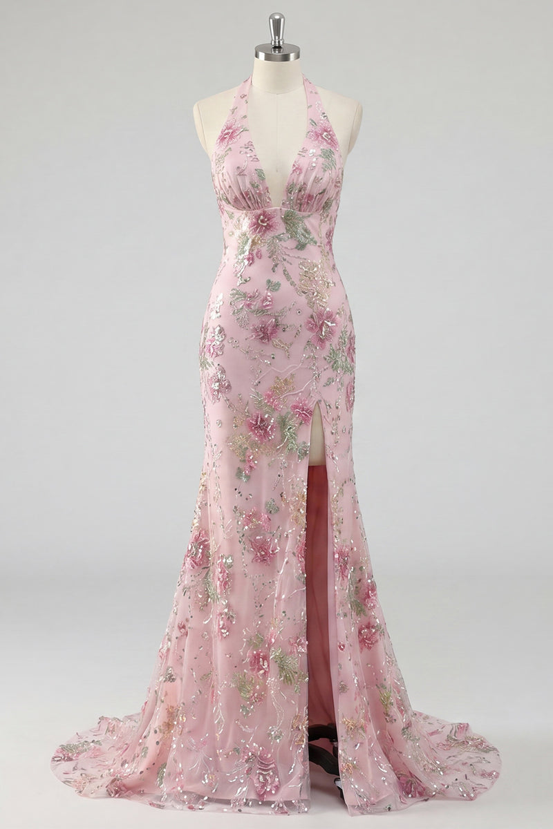 Load image into Gallery viewer, Sparkly Pink Floral Mermaid Sequin Long Prom Dress with Slit
