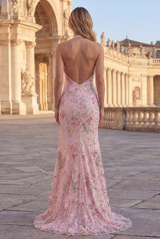 Sparkly Pink Floral Mermaid Sequin Long Prom Dress with Slit