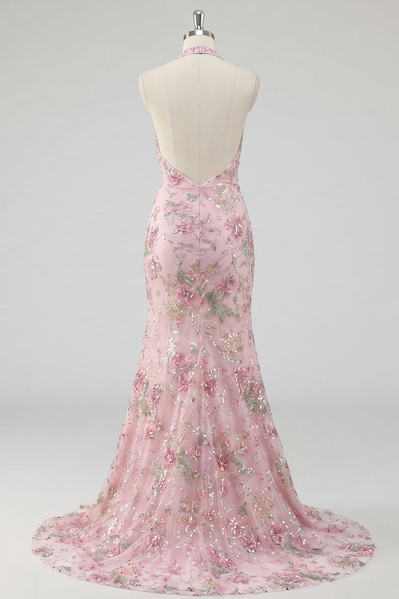 Load image into Gallery viewer, Sparkly Pink Floral Mermaid Sequin Long Prom Dress with Slit
