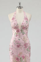 Load image into Gallery viewer, Sparkly Pink Floral Mermaid Sequin Long Prom Dress with Slit