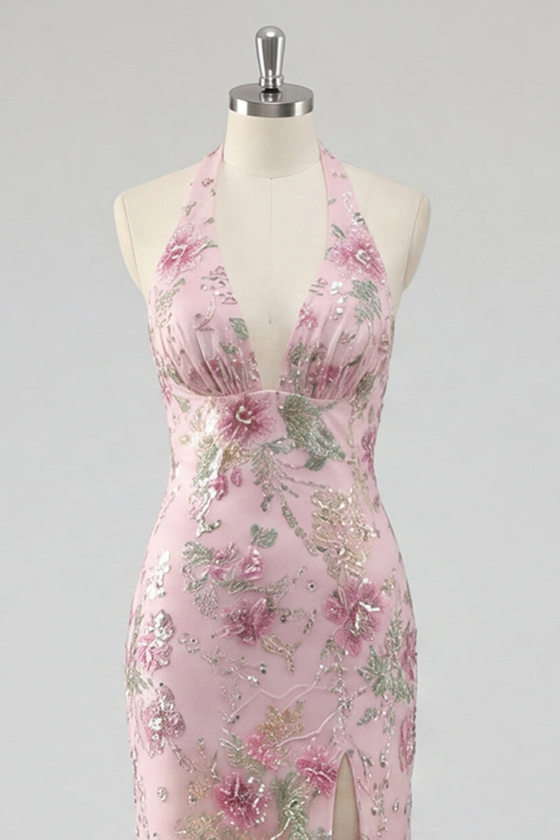 Load image into Gallery viewer, Sparkly Pink Floral Mermaid Sequin Long Prom Dress with Slit