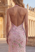 Load image into Gallery viewer, Sparkly Pink Floral Mermaid Sequin Long Prom Dress with Slit