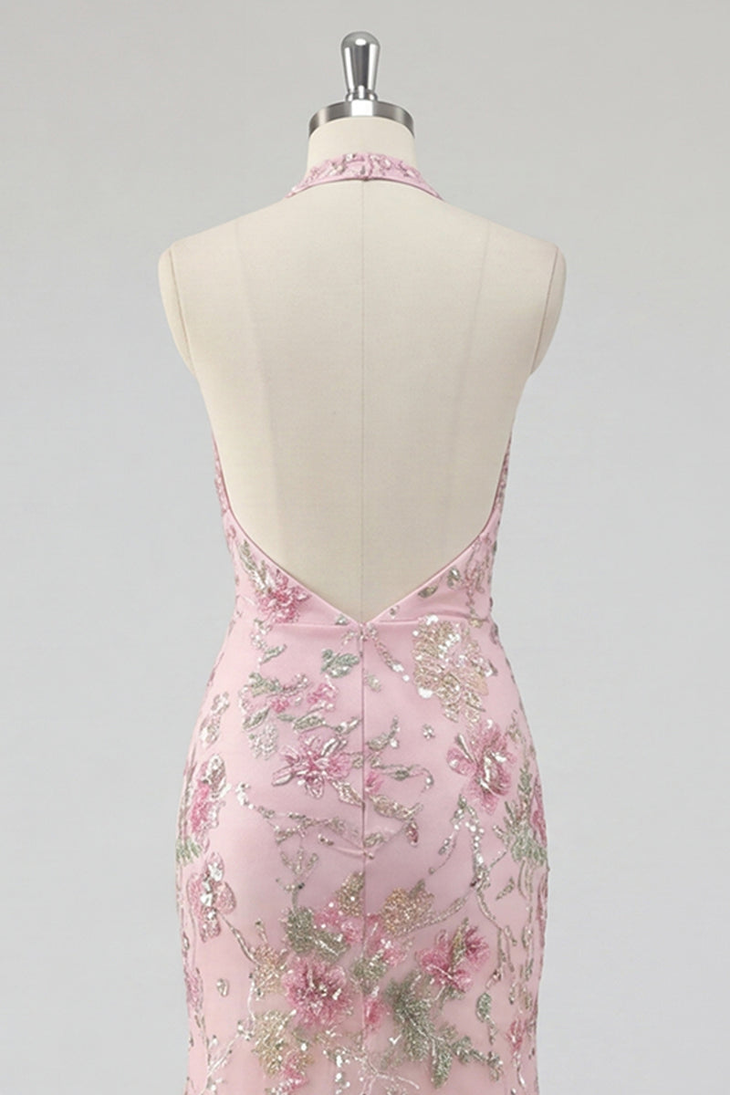 Load image into Gallery viewer, Sparkly Pink Floral Mermaid Sequin Long Prom Dress with Slit