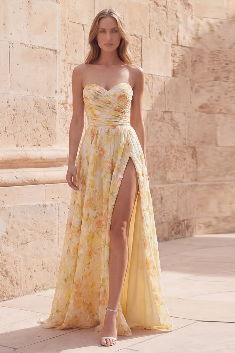 Load image into Gallery viewer, Yellow Floral Strapless Ruched A Line Long Prom Dress with Slit