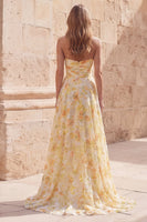 Load image into Gallery viewer, Yellow Floral Strapless Ruched A Line Long Prom Dress with Slit