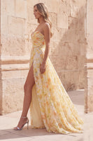 Load image into Gallery viewer, Yellow Floral Strapless Ruched A Line Long Prom Dress with Slit