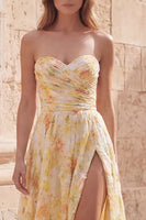 Load image into Gallery viewer, Yellow Floral Strapless Ruched A Line Long Prom Dress with Slit